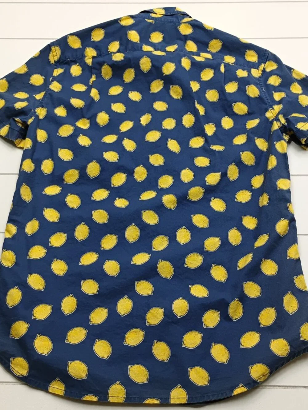 J.Crew Flex Washed Lemon Print Button Down Shirt Navy Yellow Slim Fit Mens Small
